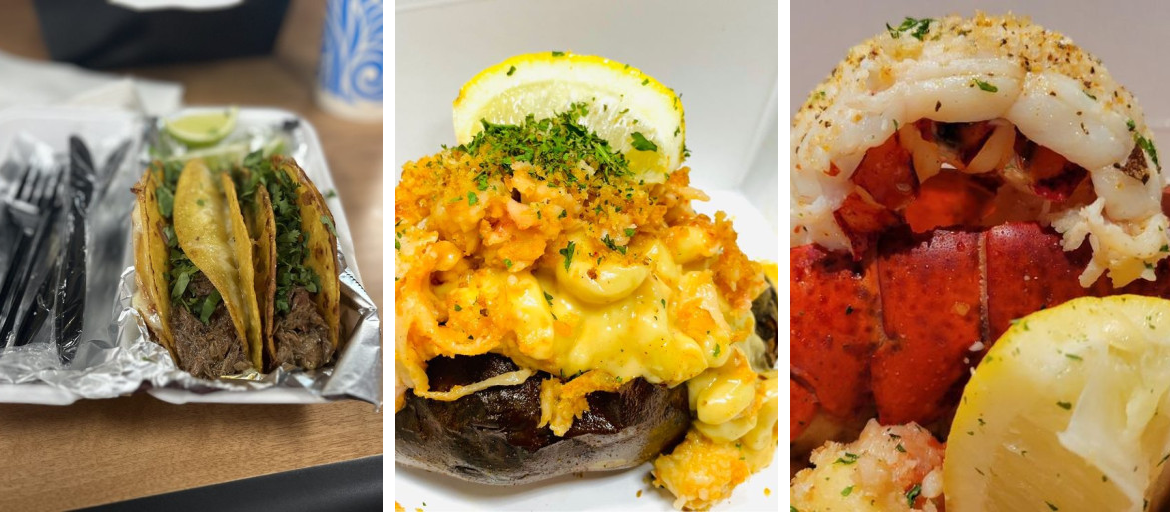 Three Rock N' Potato builds side by side: birria tacos, lobster mac potato, and lobster sensation potato