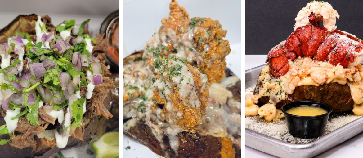 A lineup of Rock N' Potato builds, a lobster-loaded potato, crispy fried chicken, and a stacked taco potato, on a counter